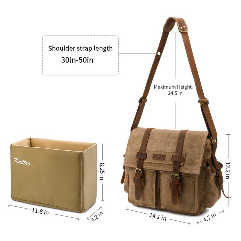 Kattee Leather Canvas Camera Bags for Men Vintage DSLR SLR Messenger Shoulder Bags Khaki - Image 3